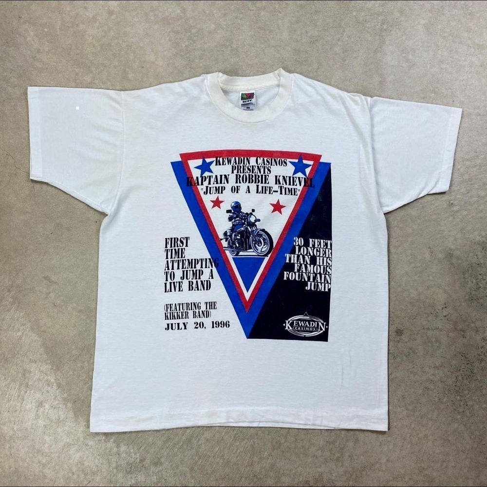 Vintage 90s Kaptain Robbie Knievel Shirt Size XL White 1996 Stunt Kewdin Casinos